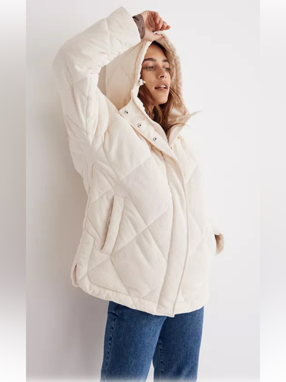 Madewell Corduroy Quilted Puffer Parka Hooded Coat in Ivory/Cream Oversized